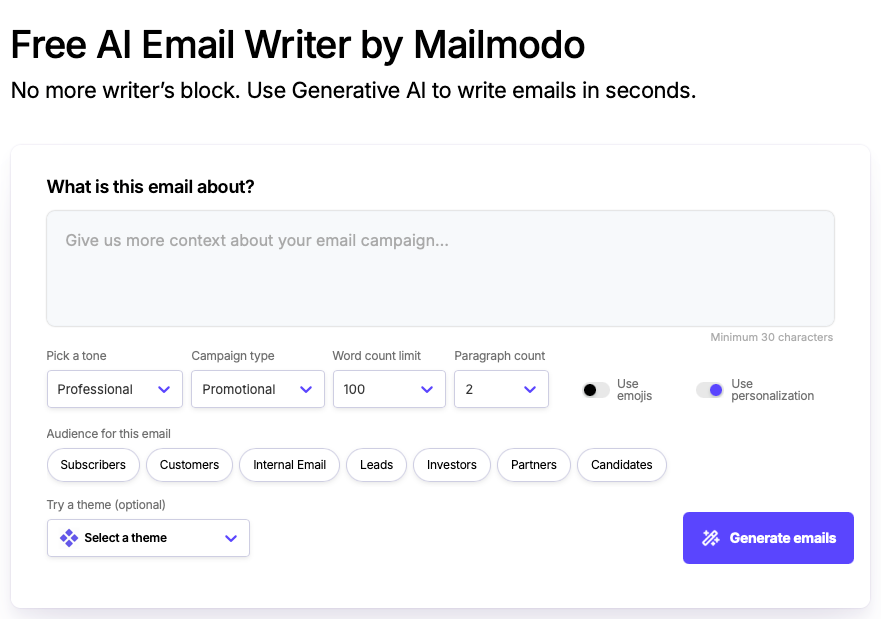 Free AI Email Writer by Mailmodo screenshot and logo